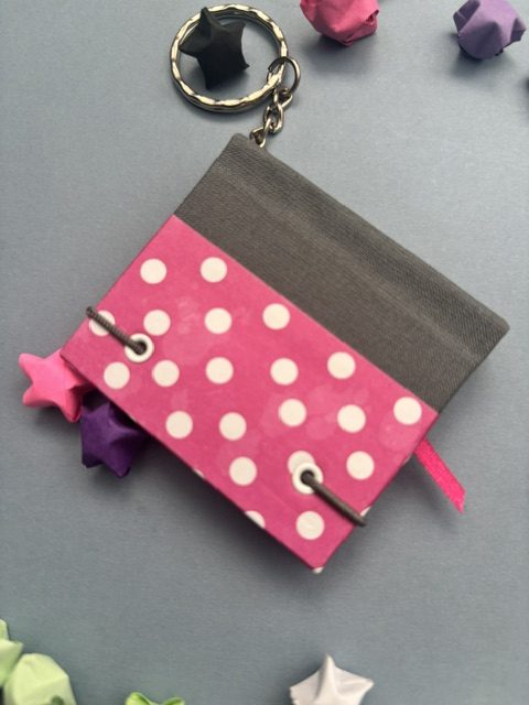 Handmade Notebook Keyring | 48 pages | Grey spine with pink cover and white polka dots | Ribbon page marker