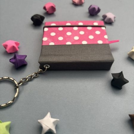 Handmade Notebook Keyring | 48 pages | Grey spine with pink cover and white polka dots | Ribbon page marker