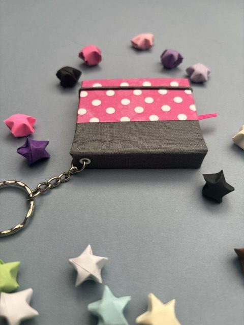 Handmade Notebook Keyring | 48 pages | Grey spine with pink cover and white polka dots | Ribbon page marker