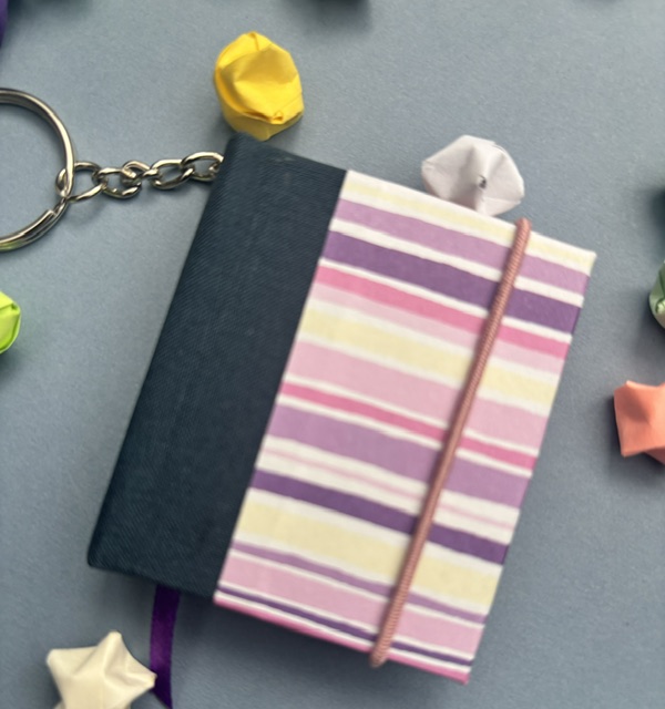Handmade Notebook Keyring | 48 pages | Blue | Purple & Pink Stripes | Unlined paper