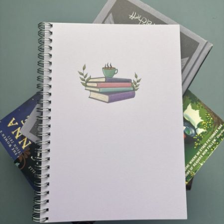 Wire bound plain unlined notebook | 70 pages | A5 | Softcover | Purple | Stack of books hand drawn design