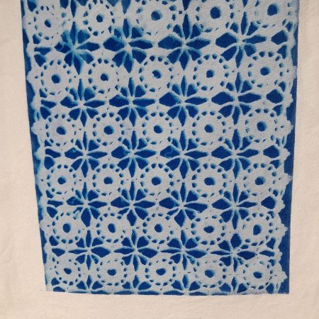 Crochet design cyanotype tote bag, 100% cotton, 37cm by 38cm.
