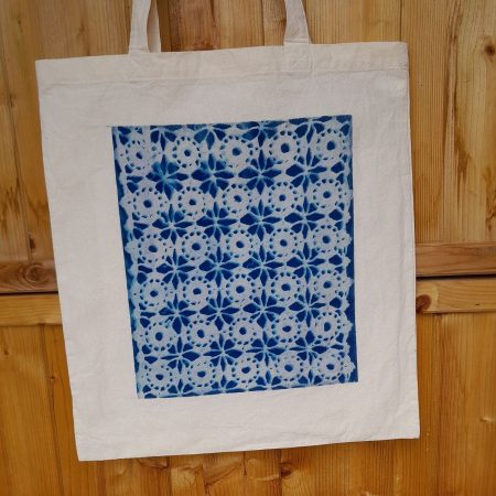 Crochet design cyanotype tote bag, 100% cotton, 37cm by 38cm.