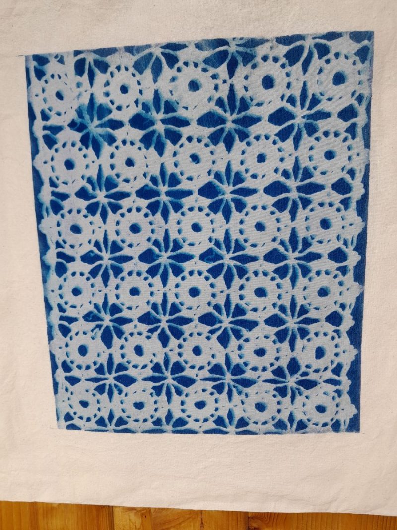 Crochet design cyanotype tote bag, 100% cotton, 37cm by 38cm.