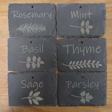 Engraved Slate Herb Marker Set with Metal Stakes (6 Herbs + Stand)
