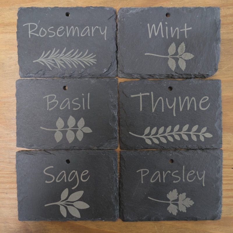 Engraved Slate Herb Marker Set with Metal Stakes (6 Herbs + Stand)