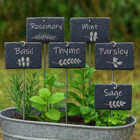 Engraved Slate Herb Marker Set with Metal Stakes (6 Herbs + Stand)