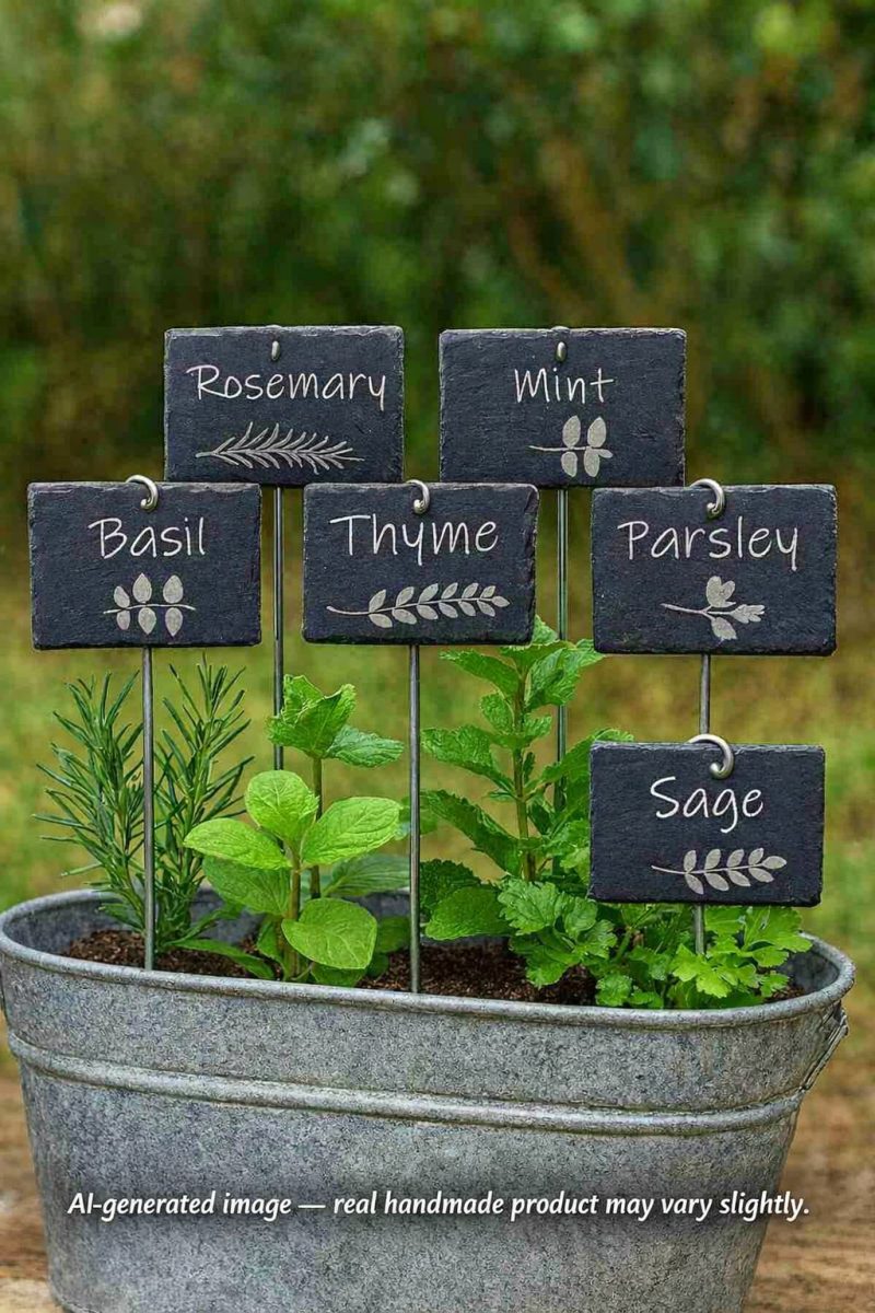 Engraved Slate Herb Marker Set with Metal Stakes (6 Herbs + Stand)