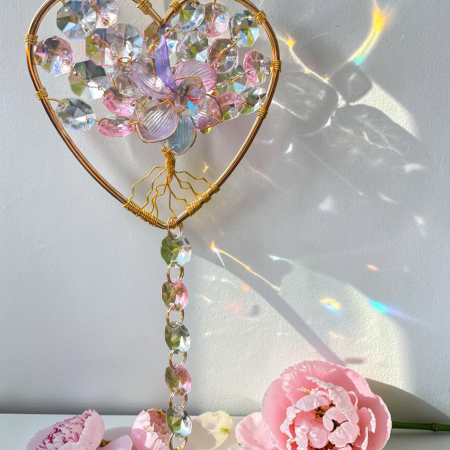 Love Peony Gold Heart Tree of Life Sun Catcher with Moon, Handmade Crystal Hanging Decor