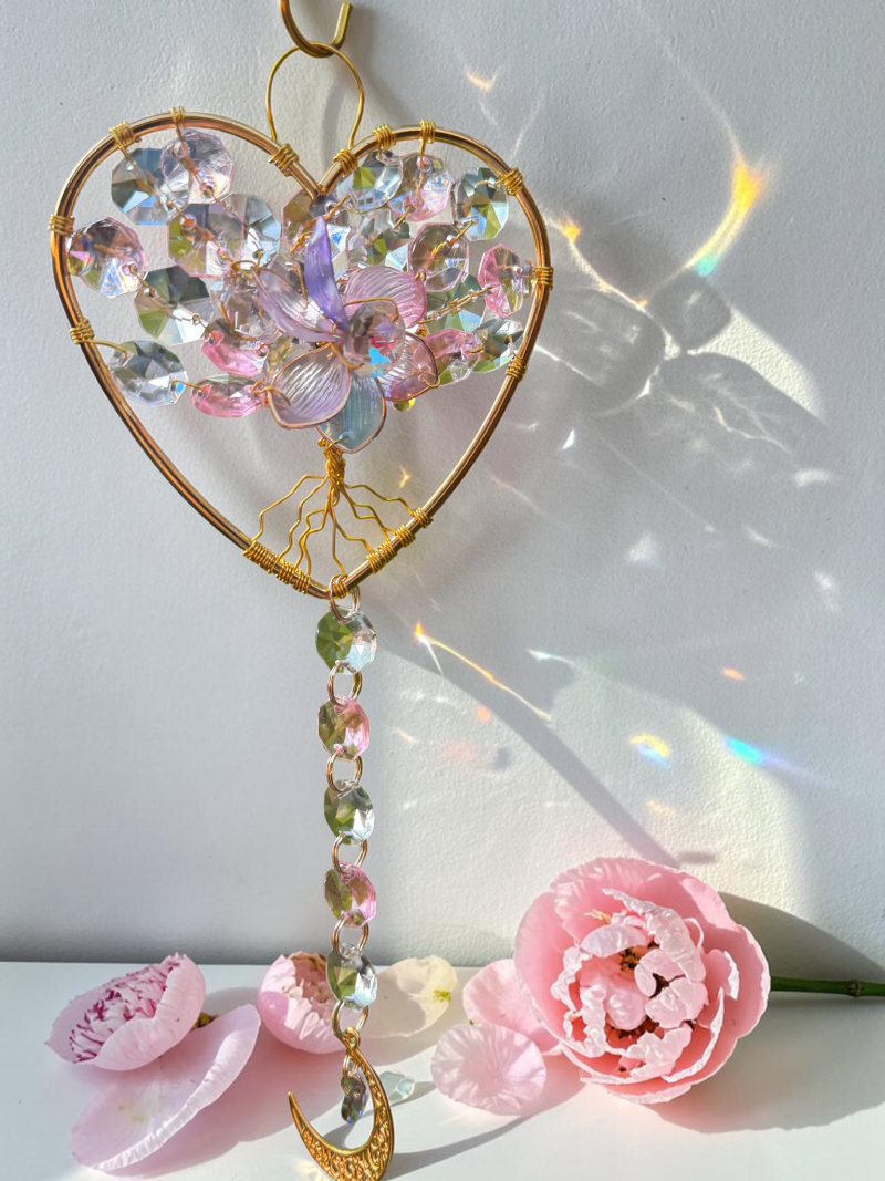 Love Peony Gold Heart Tree of Life Sun Catcher with Moon, Handmade Crystal Hanging Decor
