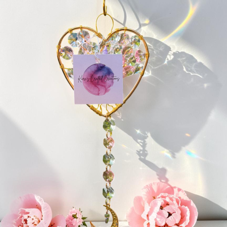 Love Peony Gold Heart Tree of Life Sun Catcher with Moon, Handmade Crystal Hanging Decor
