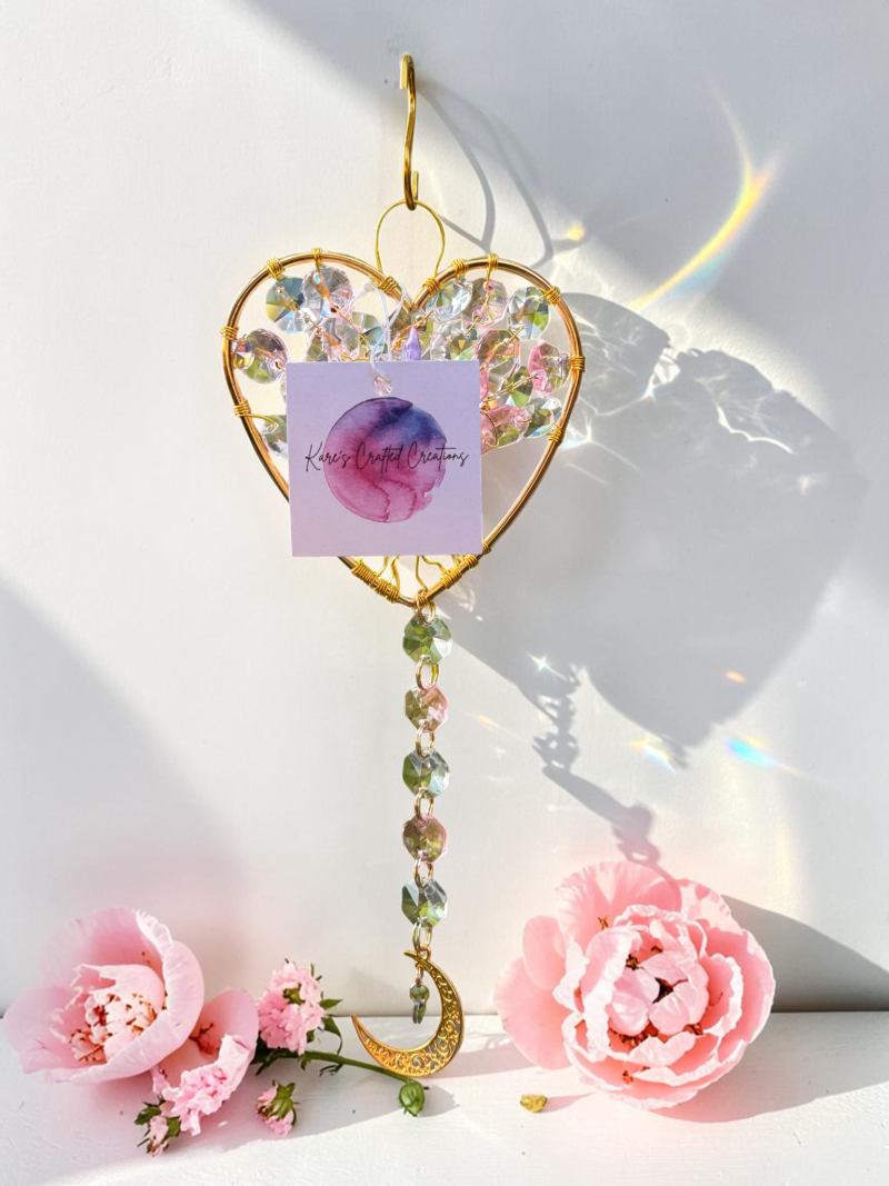 Love Peony Gold Heart Tree of Life Sun Catcher with Moon, Handmade Crystal Hanging Decor