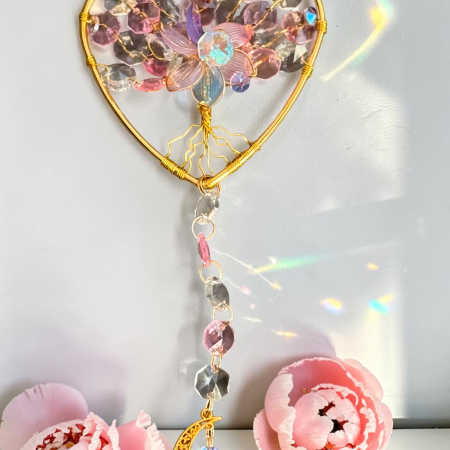 Love Peony Gold Heart Tree of Life Sun Catcher with Moon, Handmade Crystal Hanging Decor