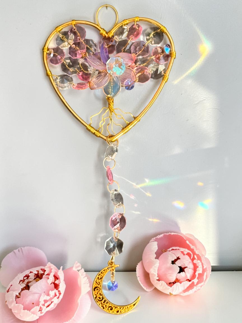 Love Peony Gold Heart Tree of Life Sun Catcher with Moon, Handmade Crystal Hanging Decor