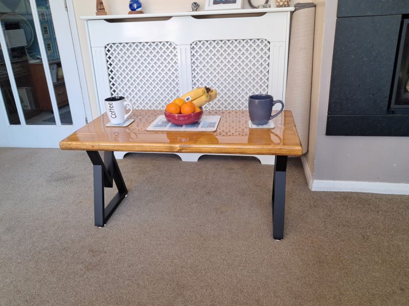 Coffee table from reclaimed scaffold, Light oak with Varnish