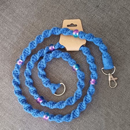 Handmade Macrame Twist Lanyard Keyring - Blue with Beads