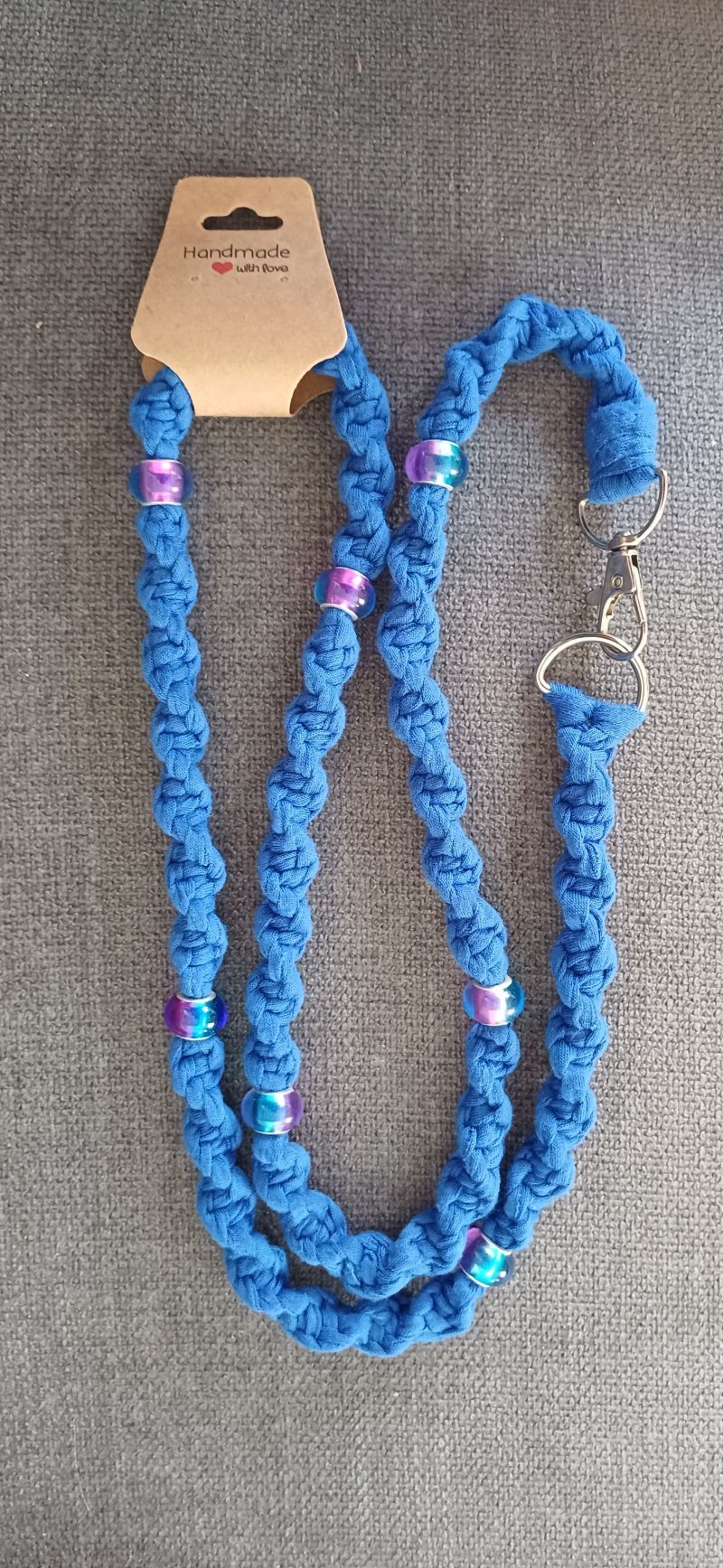 Handmade Macrame Twist Lanyard Keyring - Blue with Beads