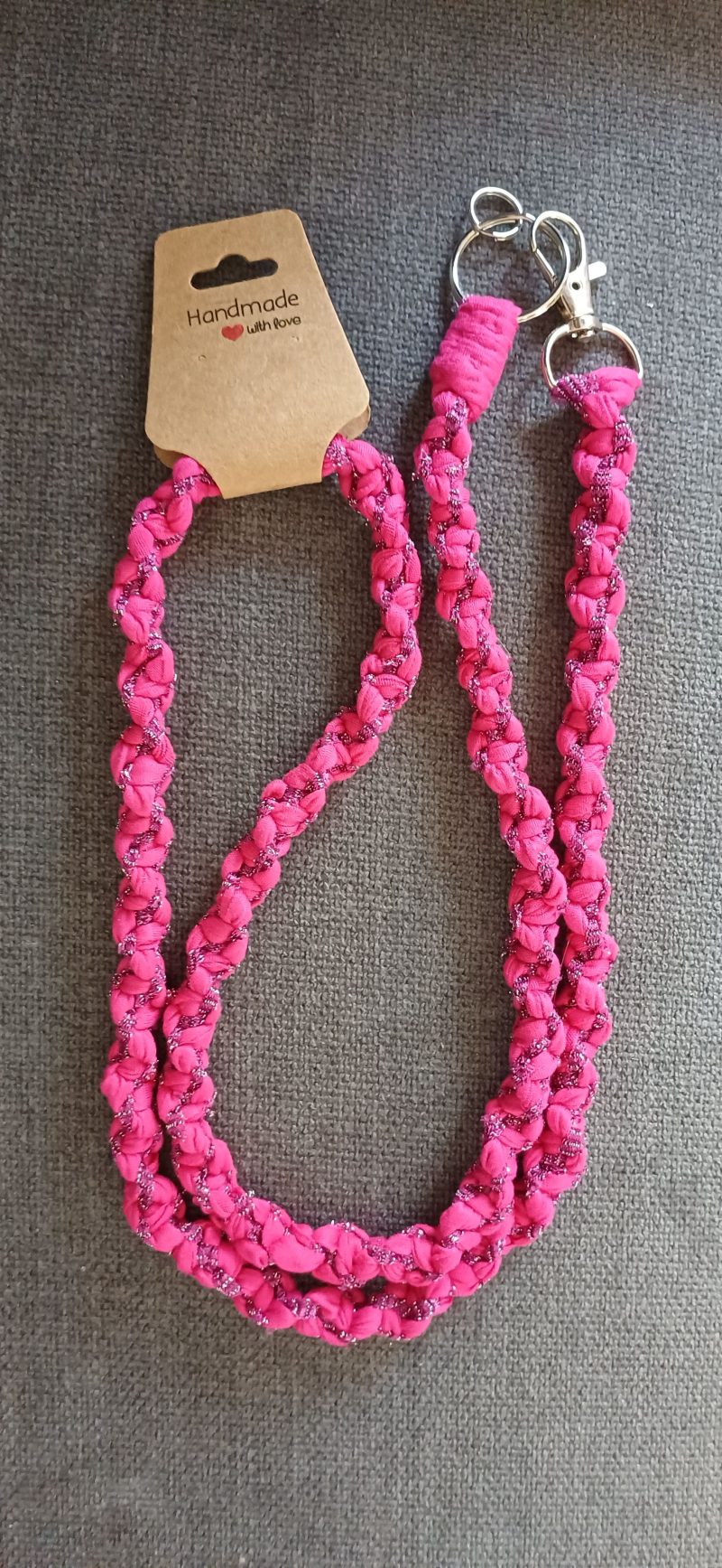 Handmade Macrame Twist Lanyard Keyring – Pink and Sparkly Purple