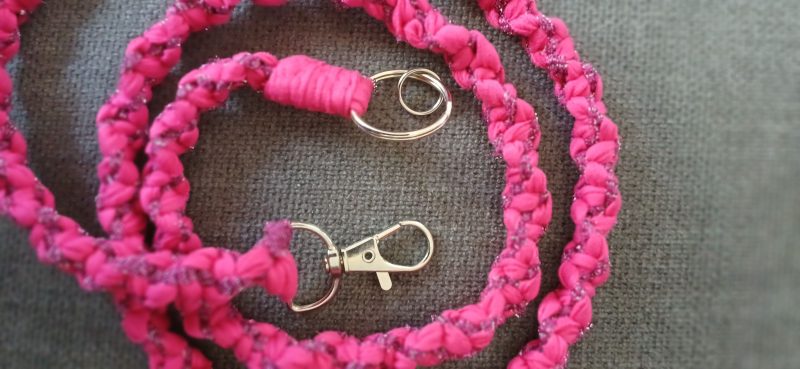 Handmade Macrame Twist Lanyard Keyring – Pink and Sparkly Purple