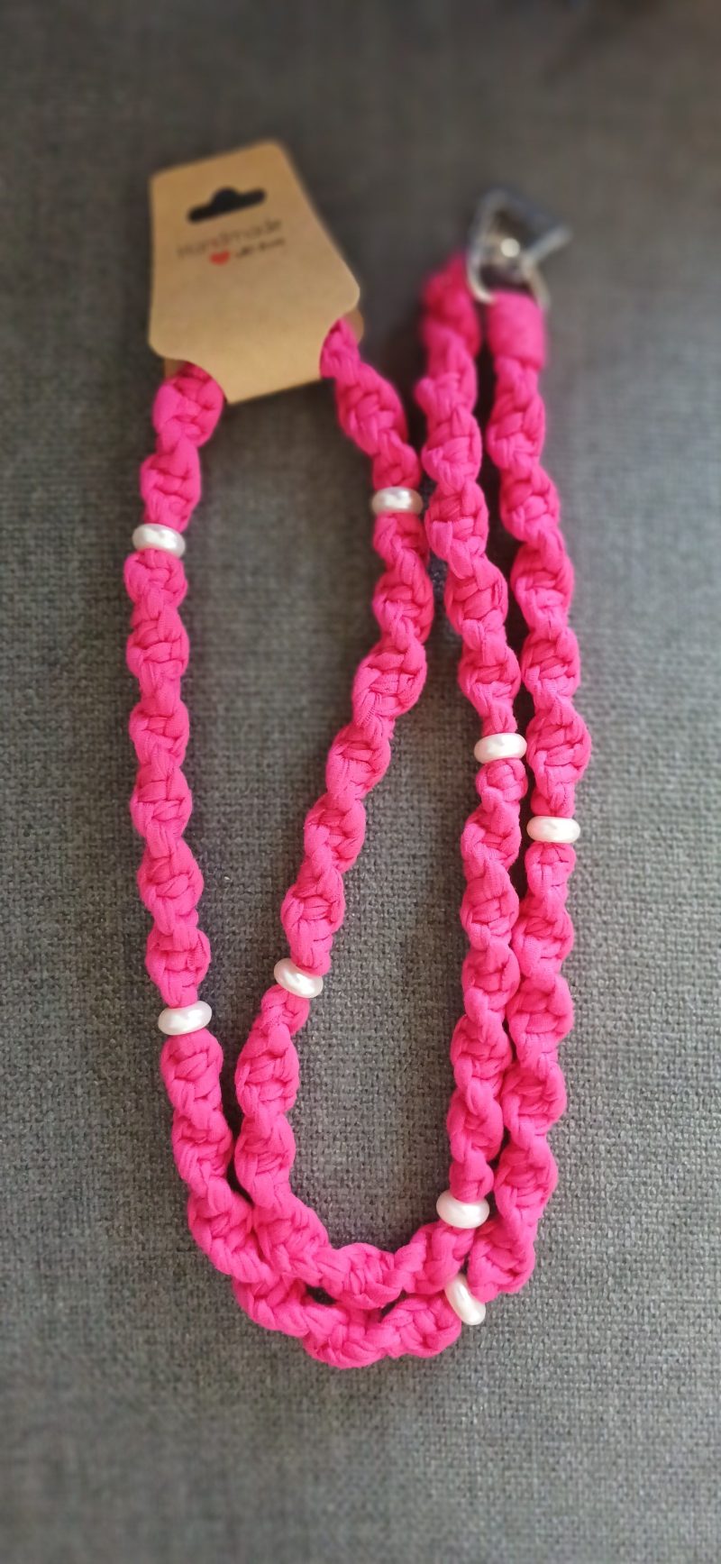 Handmade Macrame Twist Lanyard Keyring – Bright Pink with Beads