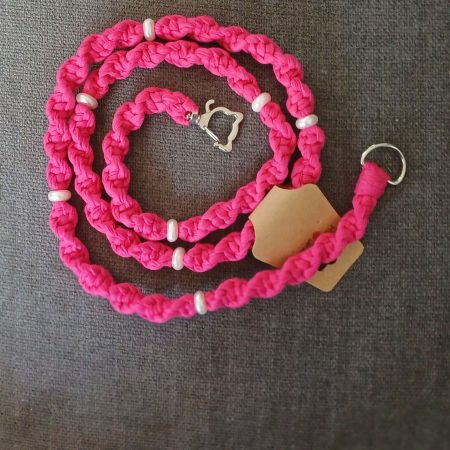 Handmade Macrame Twist Lanyard Keyring – Bright Pink with Beads