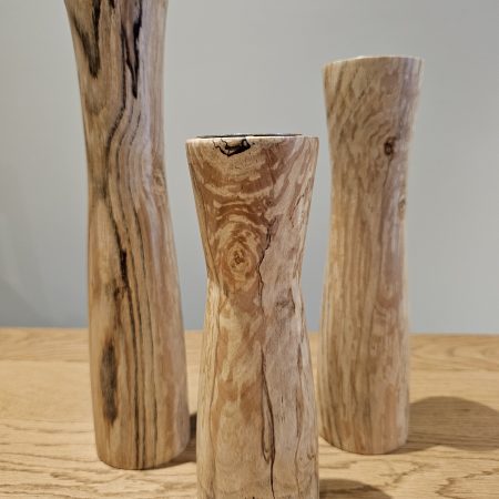 hand turned set of three Pillar T light holders in spalted hawthorn
