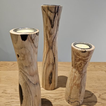hand turned set of three Pillar T light holders in spalted hawthorn