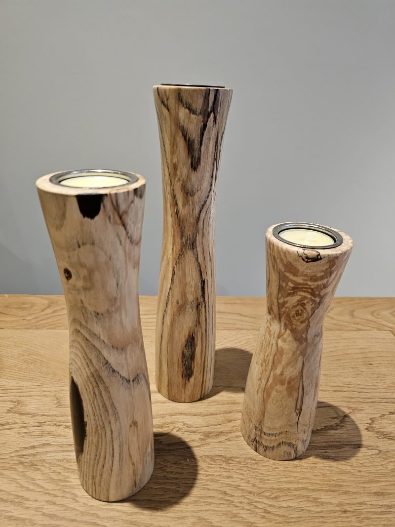 hand turned set of three Pillar T light holders in spalted hawthorn
