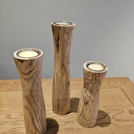 hand turned set of three Pillar T light holders in spalted hawthorn