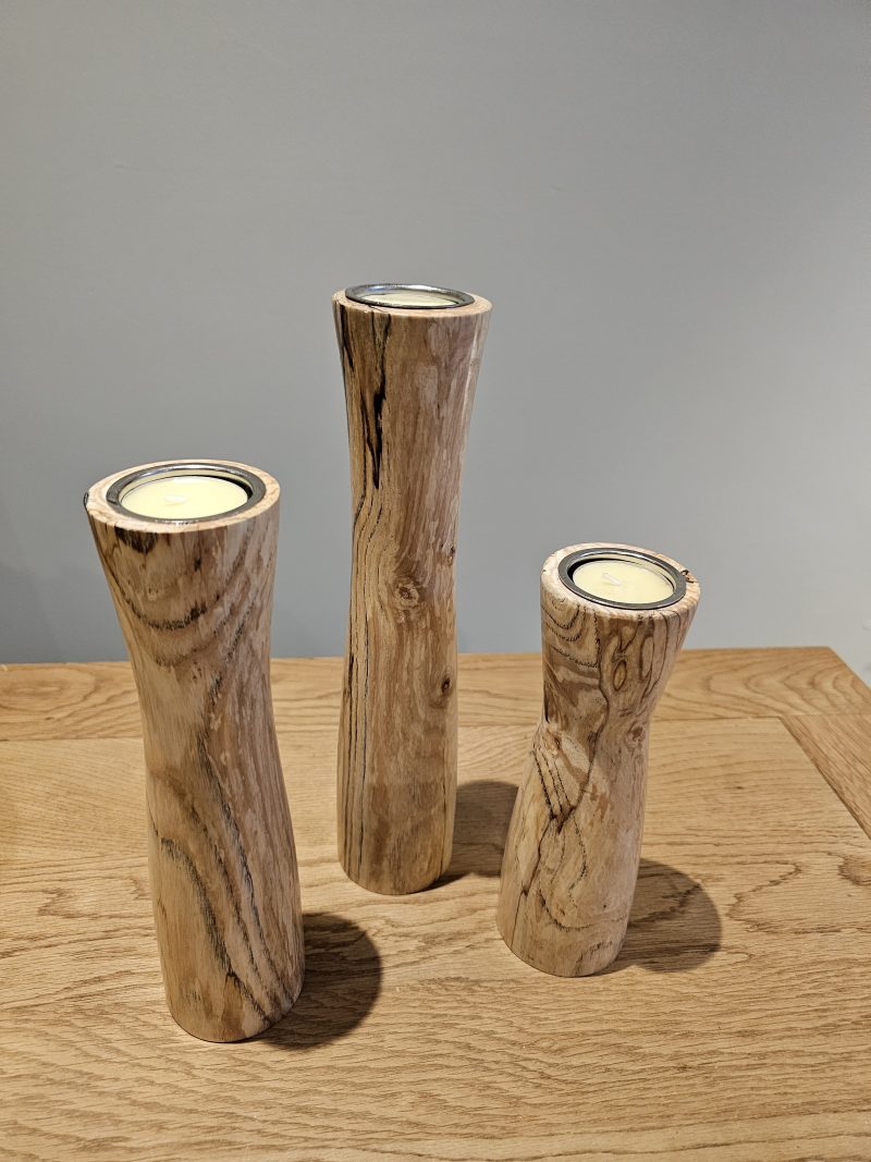 hand turned set of three Pillar T light holders in spalted hawthorn