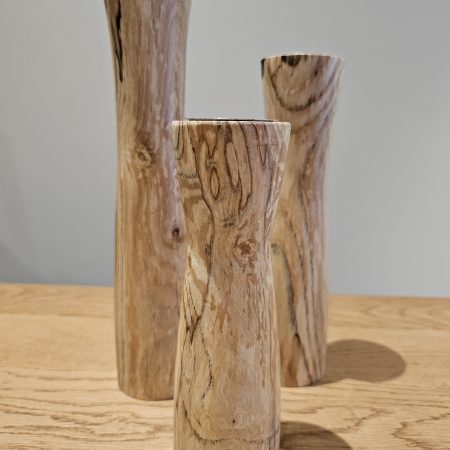 hand turned set of three Pillar T light holders in spalted hawthorn