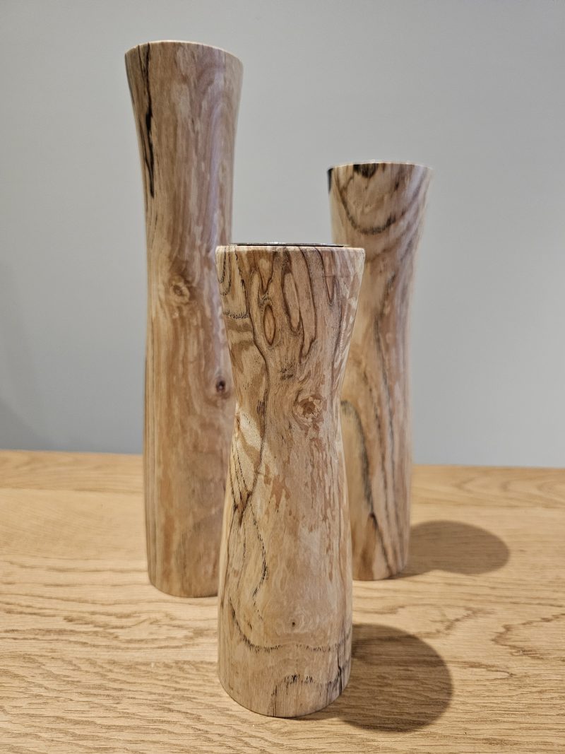 hand turned set of three Pillar T light holders in spalted hawthorn