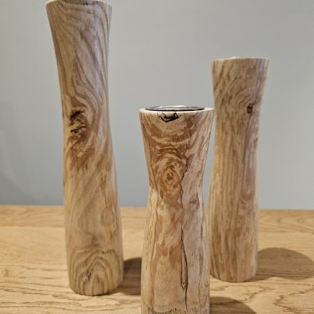 hand turned set of three Pillar T light holders in spalted hawthorn