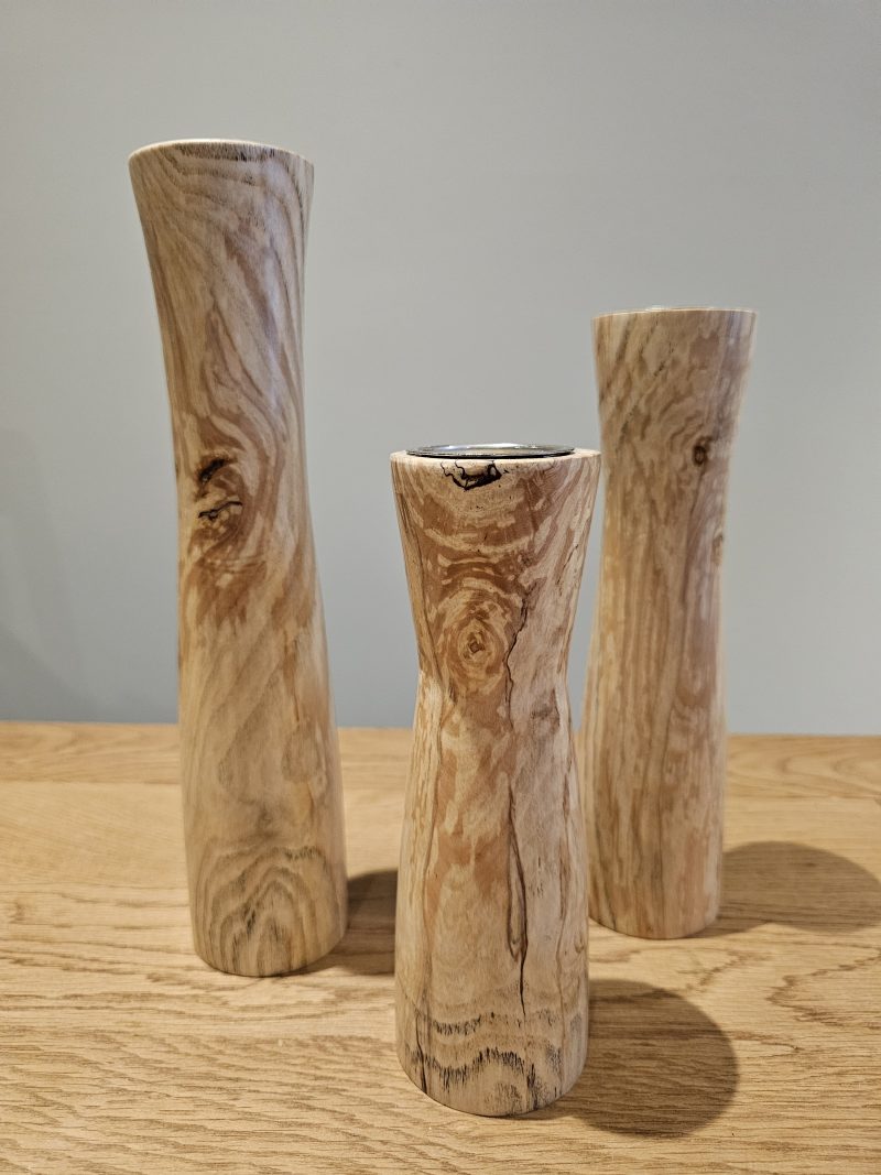 hand turned set of three Pillar T light holders in spalted hawthorn