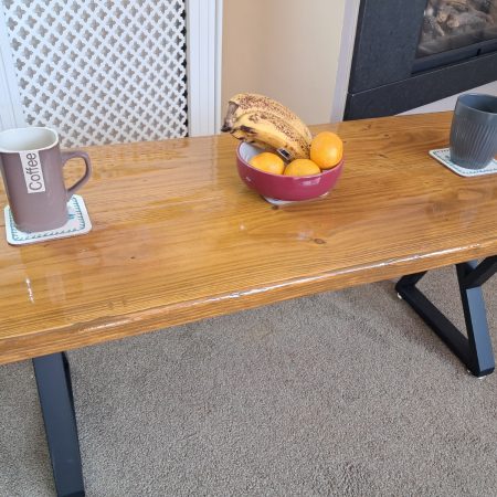 100cm Coffee Table in reclaimed scaffold, light oak stain under gloss varnish.