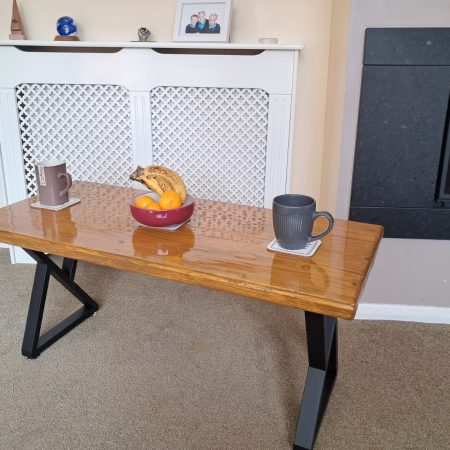 100cm Coffee Table in reclaimed scaffold, light oak stain under gloss varnish.