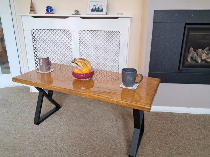 100cm Coffee Table in reclaimed scaffold, light oak stain under gloss varnish.