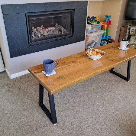 130cm Coffee table in reclaimed scaffold, light oak stain under gloss varnish
