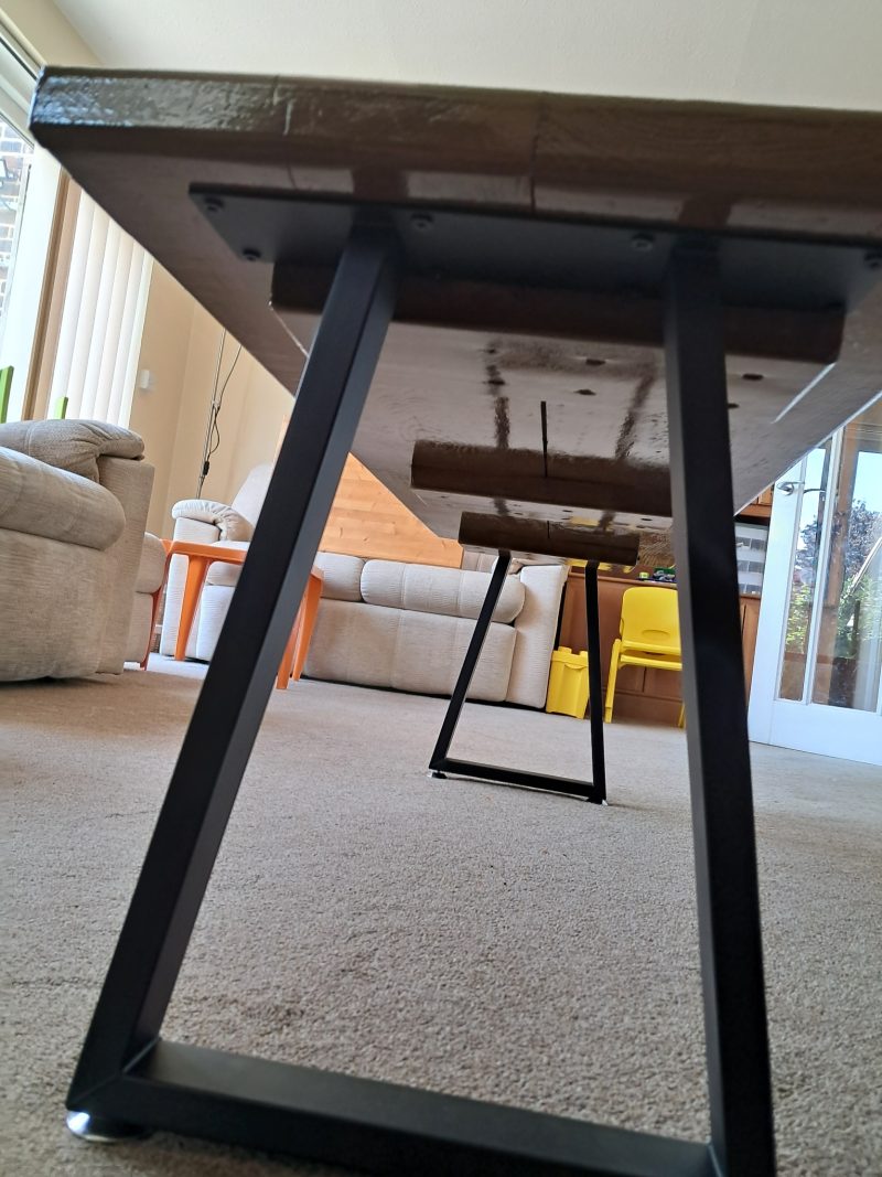 130cm Coffee table in reclaimed scaffold, light oak stain under gloss varnish