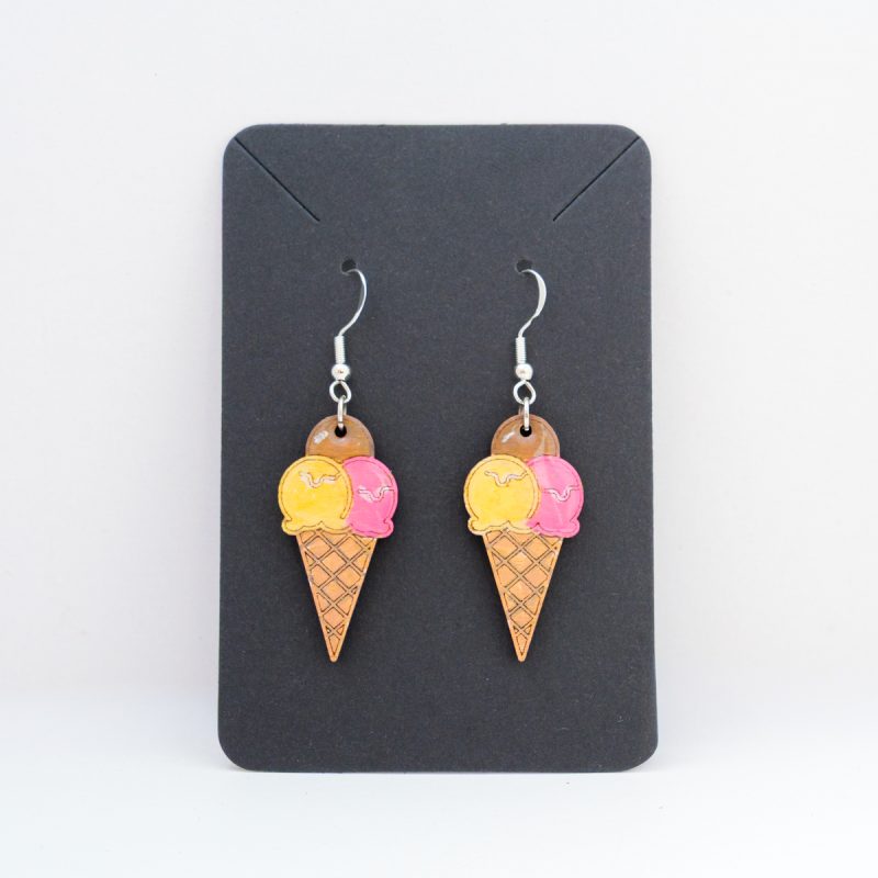 Wooden drop earrings in various popular ice lolly designs.