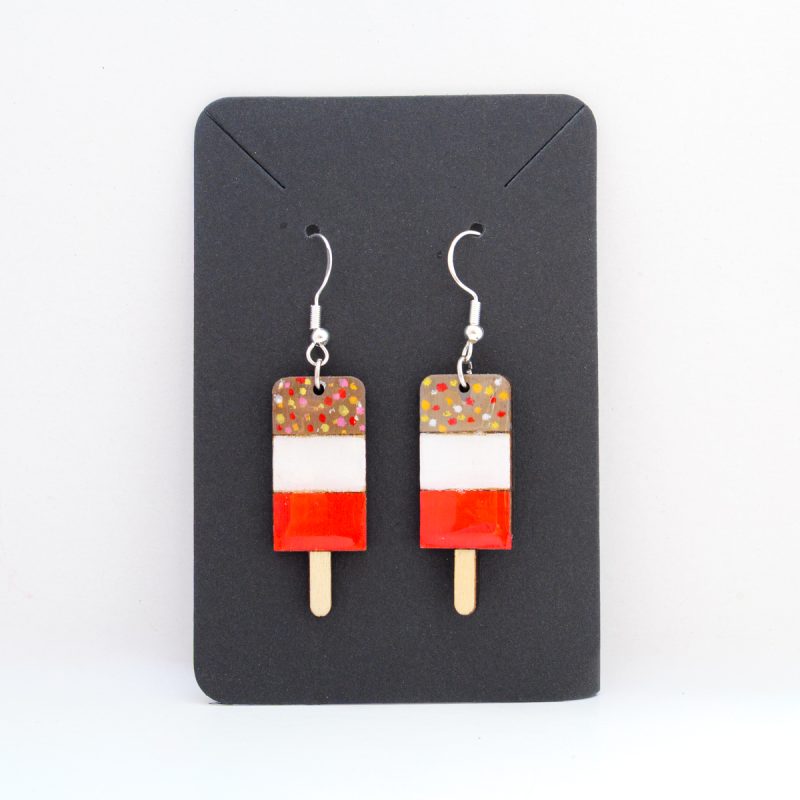 Wooden drop earrings in various popular ice lolly designs.