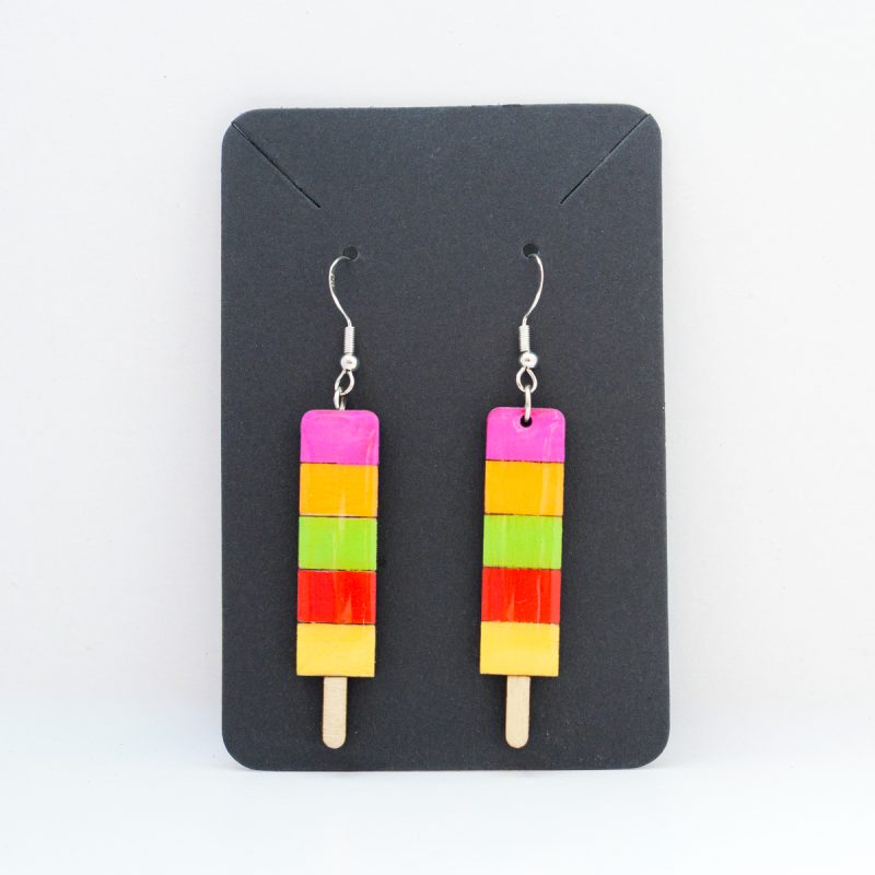 Wooden drop earrings in various popular ice lolly designs.