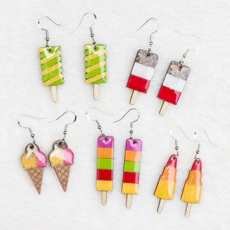 Wooden drop earrings in various popular ice lolly designs.