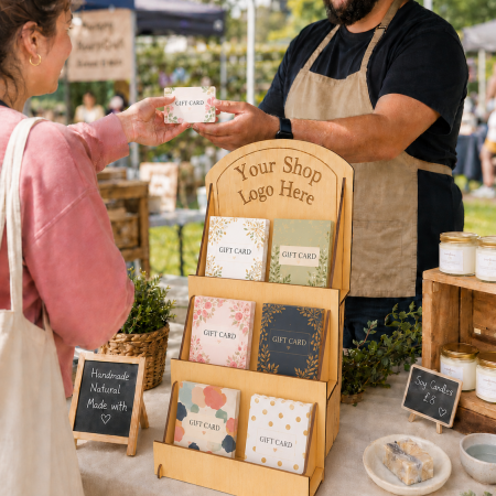 Basswood Greeting Card Display Stand, 3 Tier Basswood Rack, Craft Fair Counter Organizer Optional Shop Logo For Market Stalls