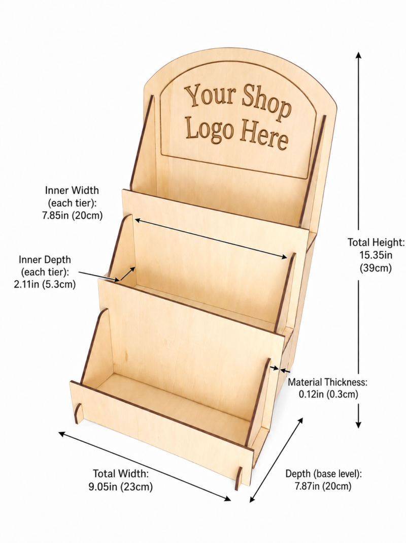 Basswood Greeting Card Display Stand, 3 Tier Basswood Rack, Craft Fair Counter Organizer Optional Shop Logo For Market Stalls