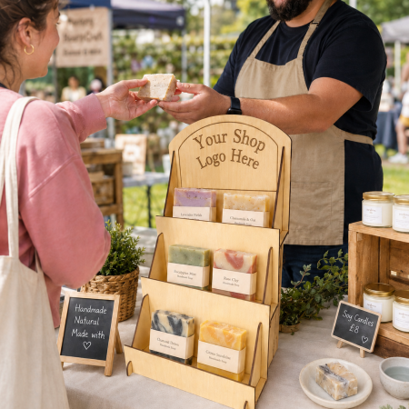 Basswood Greeting Card Display Stand, 3 Tier Basswood Rack, Craft Fair Counter Organizer Optional Shop Logo For Market Stalls