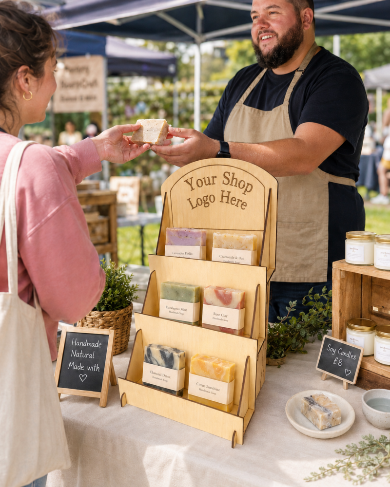 Basswood Greeting Card Display Stand, 3 Tier Basswood Rack, Craft Fair Counter Organizer Optional Shop Logo For Market Stalls