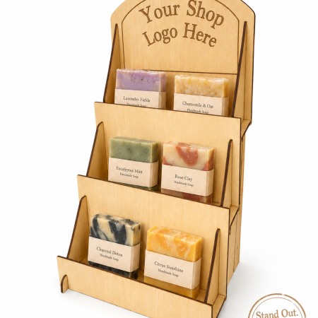 Basswood Greeting Card Display Stand, 3 Tier Basswood Rack, Craft Fair Counter Organizer Optional Shop Logo For Market Stalls