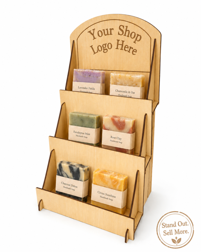 Basswood Greeting Card Display Stand, 3 Tier Basswood Rack, Craft Fair Counter Organizer Optional Shop Logo For Market Stalls