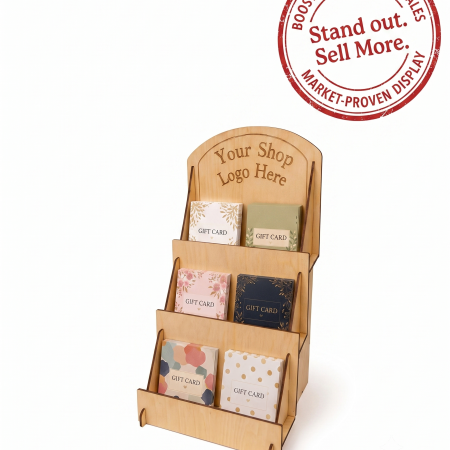 Basswood Greeting Card Display Stand, 3 Tier Basswood Rack, Craft Fair Counter Organizer Optional Shop Logo For Market Stalls